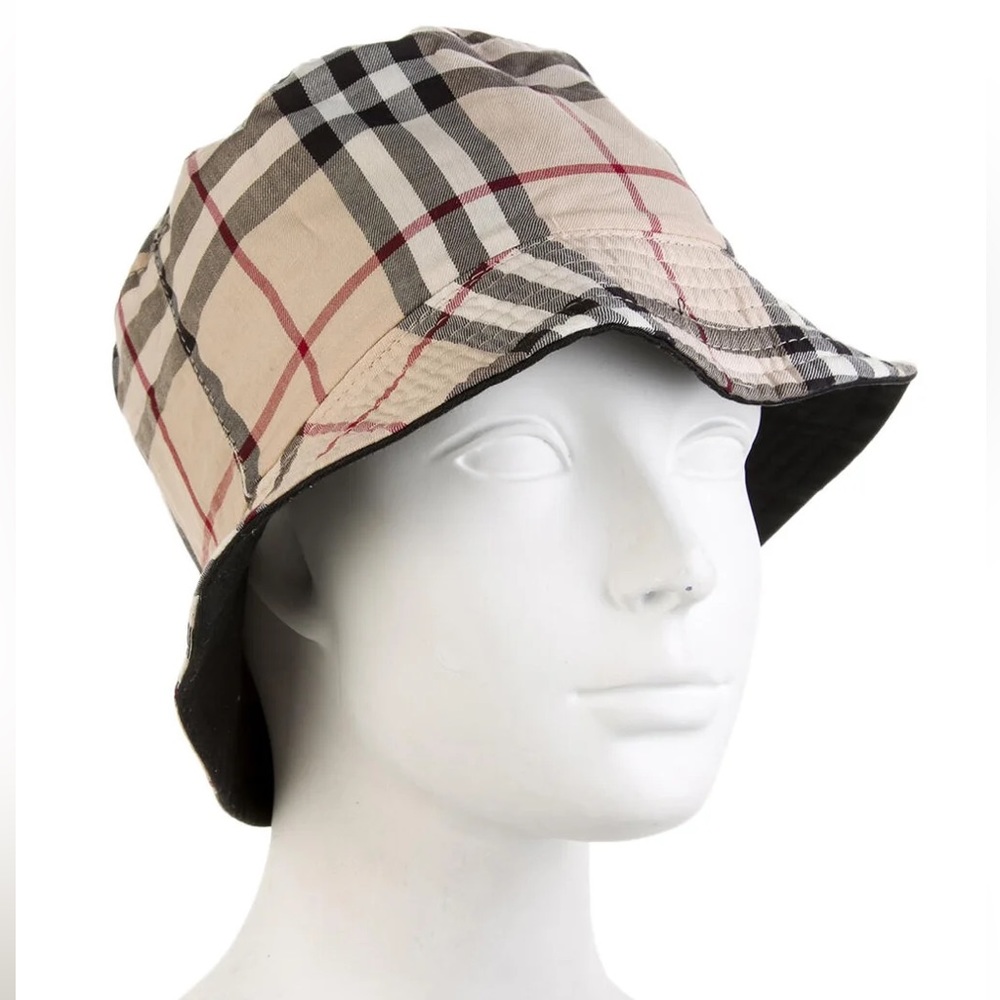 Burberry London Reversible Black Leather & Classic Nova Check Print Bucket Hat.